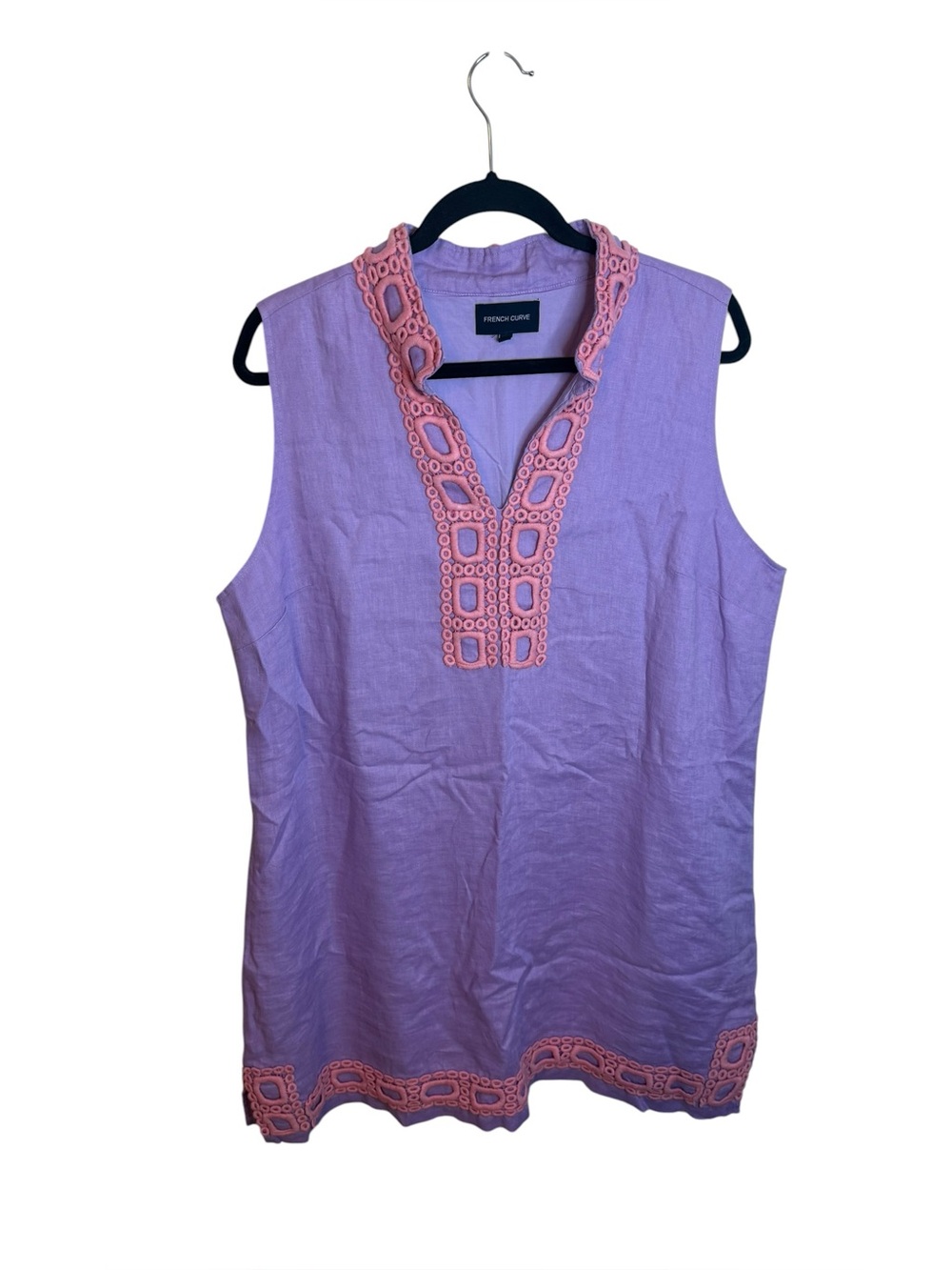 French Curve Lilac and Baby Pink Embroidered Preppy Linen Mini Shift Dress